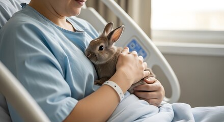 Patient Holding Therapy Rabbit in Hospital Bed, Animal Assisted Therapy, Healing and Comfort