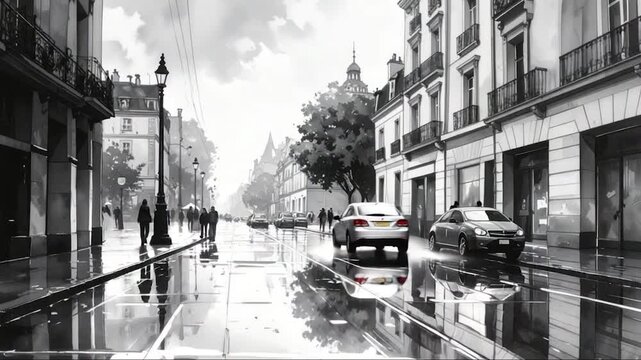 A grayscale street scene shows rain-slicked road & buildings. People walk
