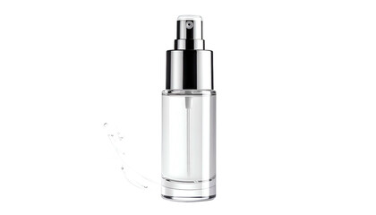 Transparent glass bottle with silver cap holding clear liquid. Isolated on a black background