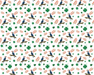 Seamless repeating pattern featuring hornbill birds on branches with green clover leaves and red berries. Cute nature inspired design suitable for textiles, wrapping paper, wallpapers and fabric print © siddique
