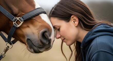 Woman Leaning Forehead Against Horse Nose, Intimate Human and Animal Connection, Quiet Trust