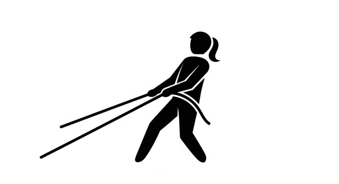 Woman pulling rope silhouette icon symbol.