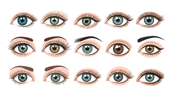 Detailed collection of diverse human eyes showing different colors, shapes, and styles with prominent eyelashes and eyebrows.