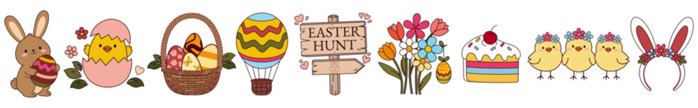 Cute Easter Illustration Element Set with Bunny, Eggs, Chicks, and Spring Flowers