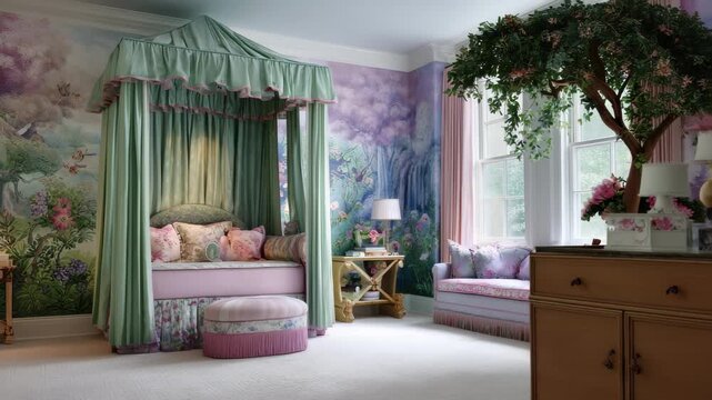 Bright and colorful room with decorative murals, a four-poster bed, and a cozy seating area during the afternoon light