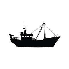 Fototapeta premium A detailed black and white silhouette vector illustration of a fishing boat, This image features a black and white silhouette vector illustration of a fishing boat with detailed design elements