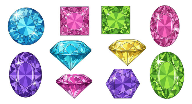 A colorful illustration of various gemstones in different shapes and colors