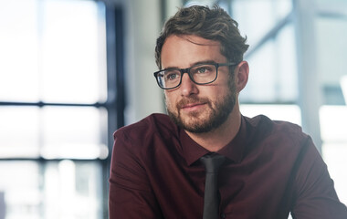 Naklejka premium Happy man, thinking and review at office for decision, perspective or consultant at insurance company. Person, broker or advisor with reflection, smile and problem solving at risk management agency