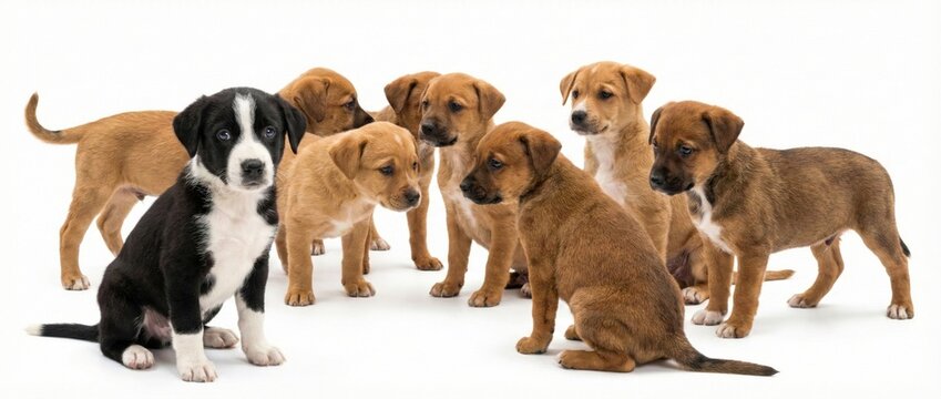 Group of brown and black mixed breed puppies sitting and standing, pet adoption concept, Isolated on white background