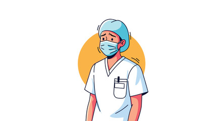 Fototapeta premium Young medical professional wearing a surgical mask and cap looking concerned or tired during a long shift in a healthcare environment setting.