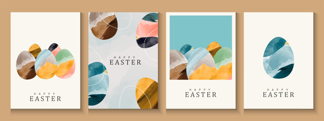 Fototapeta premium Happy Easter greeting card poster collection with Elegant and trendy design template for Easter holiday. minimalist Watercolor background with eggs for ads, cover, social media and web flayer.