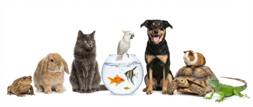 Group of domestic pets together, dog and cats with rabbits, turtle, guinea pigs and goldfish bowl on white studio background