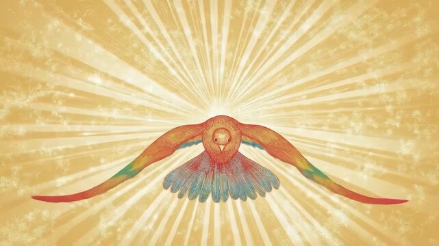 Colorful phoenix with radiant wings on glowing background