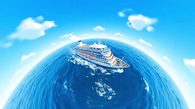 3D animation of a luxury cruise ship sailing across a tiny planet ocean under a bright blue sky with fluffy white clouds