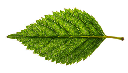 Obraz premium Close-up of a vibrant green leaf with prominent veins against a black background