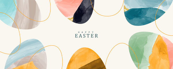 Happy Easter greeting card poster collection with Elegant and trendy design template for Easter holiday. minimalist Watercolor  background with eggs for ads, cover, social media  and web flayer. © bodonk
