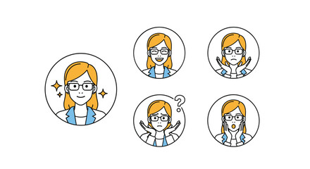 Fototapeta premium Set of female doctor avatar icons showing a variety of facial expressions such as happy, worried, thinking, and surprised for healthcare use.