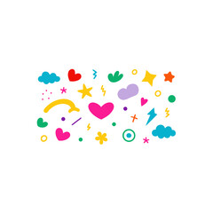 Colorful shapes and symbols flat lay art on transparent background