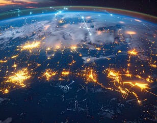 Obraz premium Illuminated cityscape at night from space, networked with glowing lines