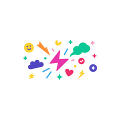 Colorful graphic elements and lightning bolt on transparent background