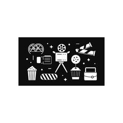 Movie themed icons on a black background on transparent background