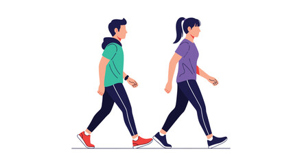 Fototapeta premium Vector illustration of a man and a woman in sportswear walking side by side for a fitness, health, or outdoor exercise concept.