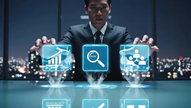 Businessman interacts with futuristic interface icons displaying data analysis and search in a modern office environment at dusk