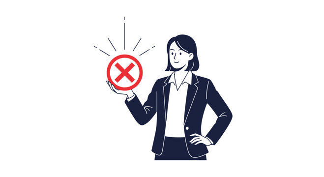 Professional businessman or woman in a dark suit holding a red circular cross mark icon representing rejection or incorrect data.