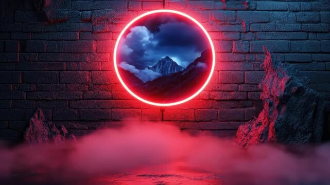 Surreal neon circle with mountain reflection against brick wall backdrop. Black Friday sale
