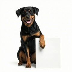 Fototapeta premium Rottweiler puppy sitting with paw on blank white sign for advertising or message, Isolated on white background