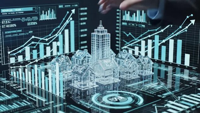 Analyzing Financial Trends and Urban Development Projections in a Modern Cityscape through Advanced Data Visualization Techniques from a High Viewpoint