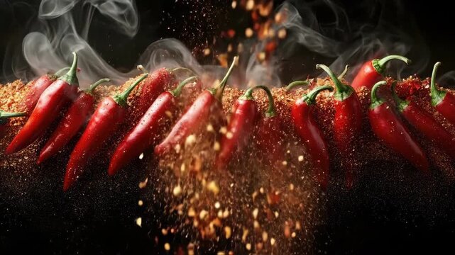 Dramatic red chilies with spices and smoke on dark background