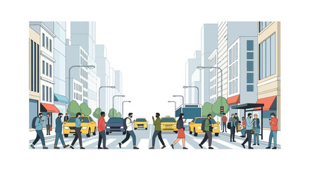 Obraz premium Busy City Street Scene with Pedestrians Crossing and Yellow Taxis
