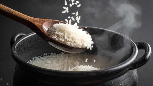 A wooden spoon pours rice into a steaming pot, creating a cooking scene