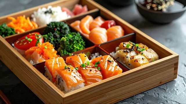 Colorful, diverse bento box with sushi, salmon, and vegetables arranged