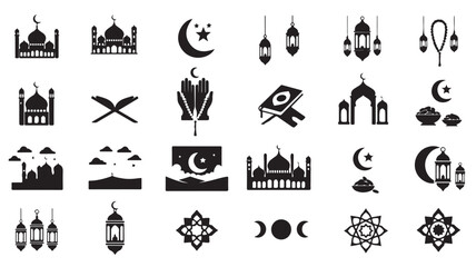 Collection of islamic symbols including mosques, crescent moons, stars, lanterns, and prayer beads on a white background design elements