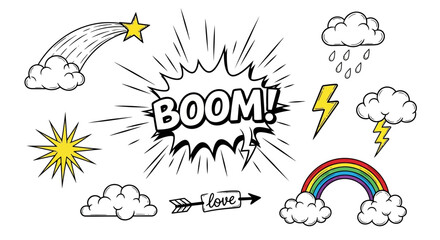 A collection of comic book style weather and abstract elements including a rainbow, lightning, clouds, a shooting star, and a 'BOOM!' speech bubble. © Elsa