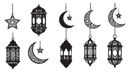 Beautiful collection of intricate Islamic lanterns and crescent moon ornaments for festive decoration and celebration purposes in various designs.