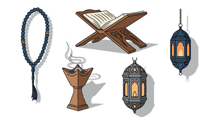 Islamic prayer beads tasbih Quran book and traditional hanging lanterns and incense burner on white background illustration