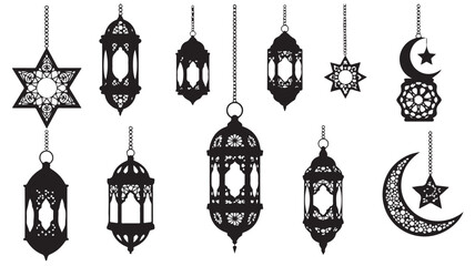 Collection of intricately designed islamic lanterns and ornaments hanging from chains against a white clean background