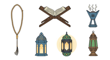 Islamic decorative elements including prayer beads tasbih lanterns and incense burner on white background symbolizing spirituality and cultural heritage.