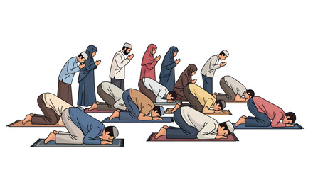 Muslim men and women praying together in congregation with devotion and humility on prayer mats in a peaceful atmosphere