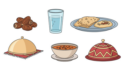 Ramadan food and drink elements including dates, water, bread, and various covered dishes all on a white background.