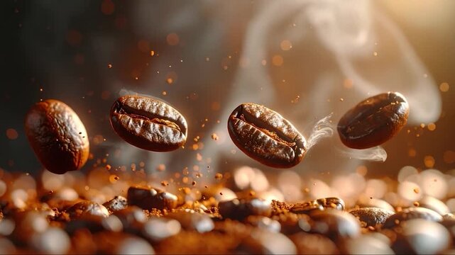 Coffee beans float mid-air amidst steam, with grounds below