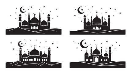 collection of ramadan kareem mosque graphic silhouette designs on white background for islamic celebration and festive greeting card