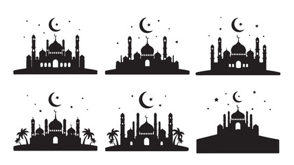 Collection of mosque silhouettes with crescent moon and stars for ramadan or eid celebration graphics designs