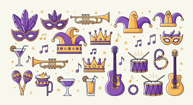 A vibrant collection of Mardi Gras themed icons including masks, crowns, musical instruments, and drinks.