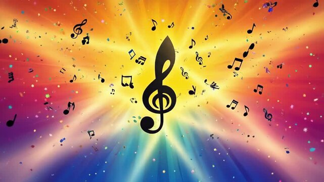 Vibrant musical notes on colorful radiant background with g clef central focus