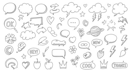 A collection of hand-drawn doodle elements including speech bubbles, clouds, stars, hearts, and various icons.