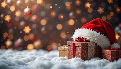 Holiday Christmas background with gift boxes and festive Santa hat decoration.